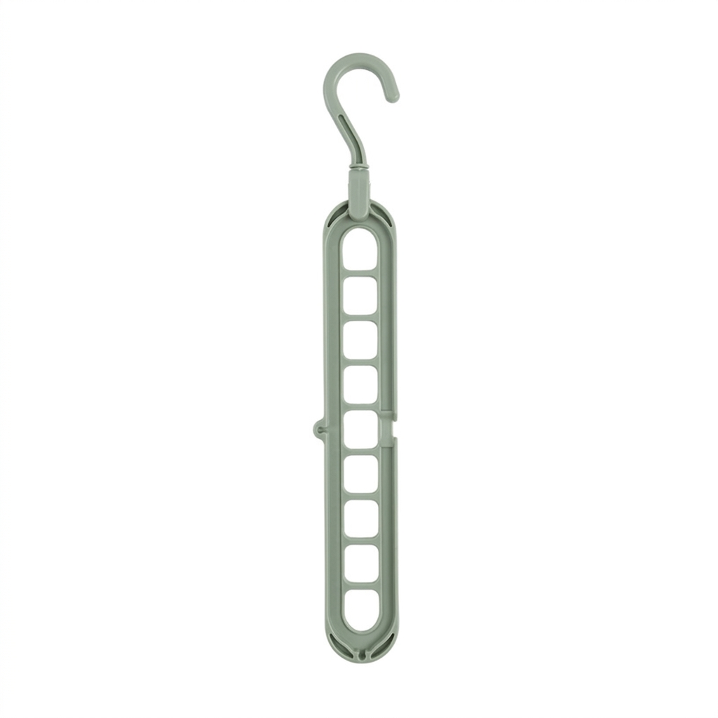 Our signature 9-hook space hanger in a muted sage green. Holds up to 9 garments in the space of one, with a 360° rotating head for any closet configuration.